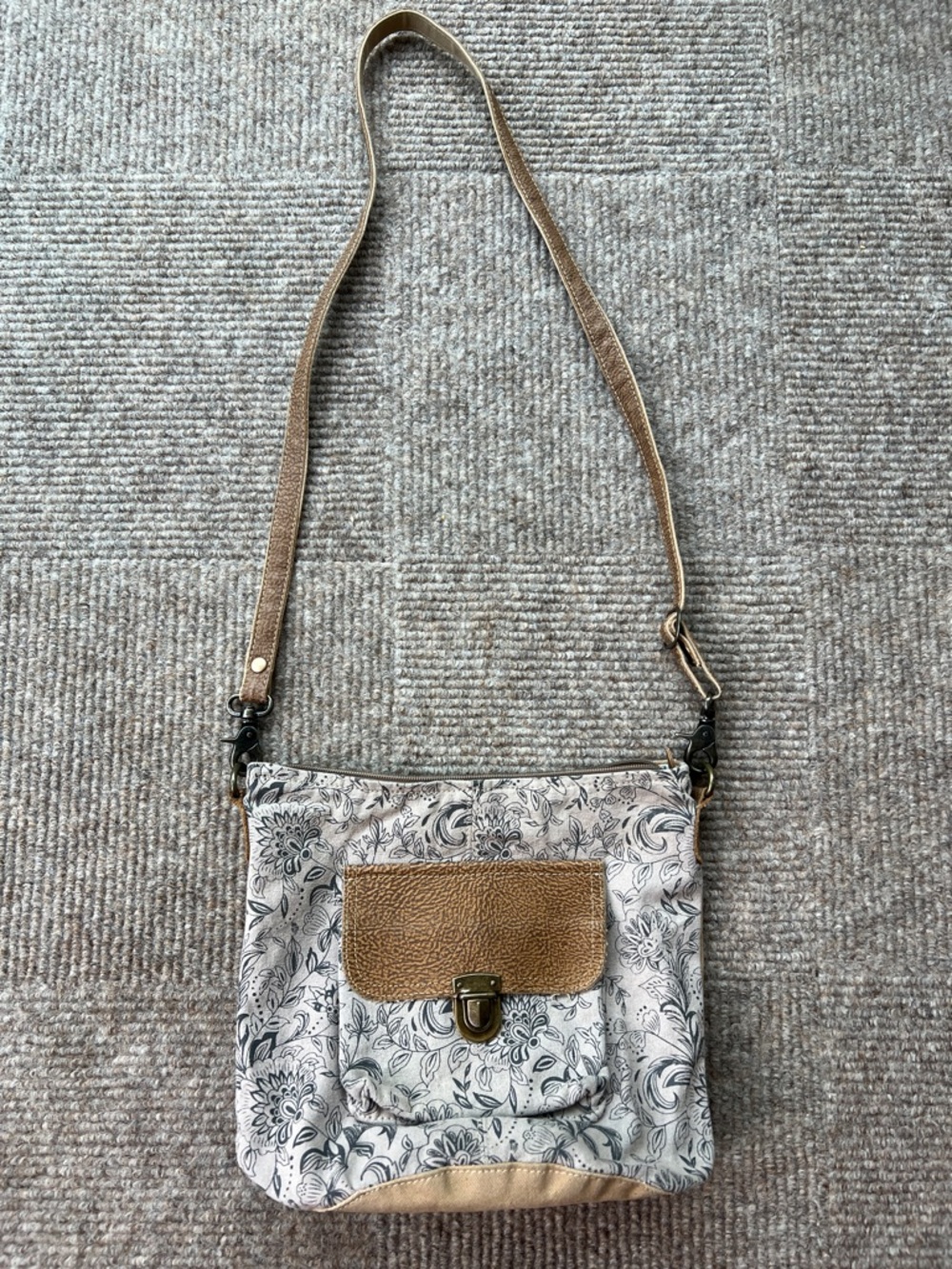 Neutral Floral Crossbody Bag with Tan Accent